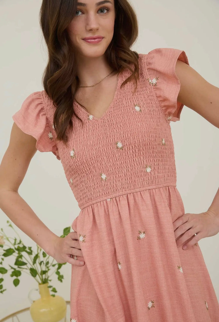 Embroidered Primrose Smocked Midi Dress