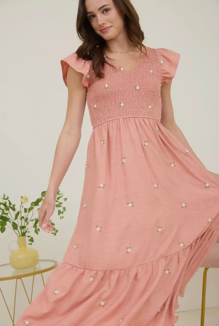 Embroidered Primrose Smocked Midi Dress