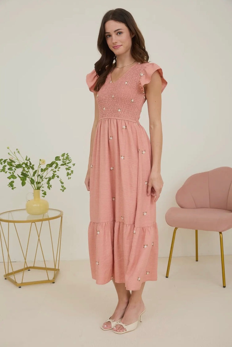 Embroidered Primrose Smocked Midi Dress