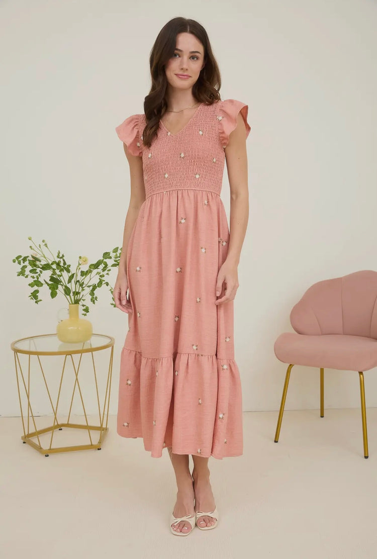 Embroidered Primrose Smocked Midi Dress