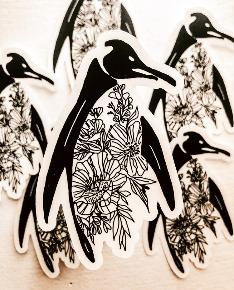 Penguin floral sticker- clear