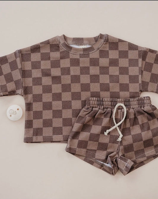 Boys Heather Brown Checkered Matching Set